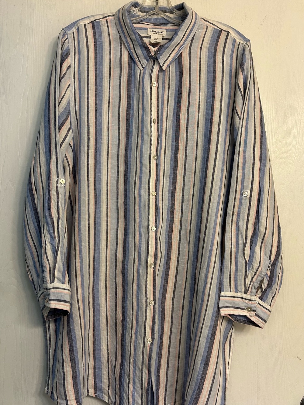 Artisan NY 100% Linen Striped Pastel Cottagecore Casual Ladies blouse Sz 1X.